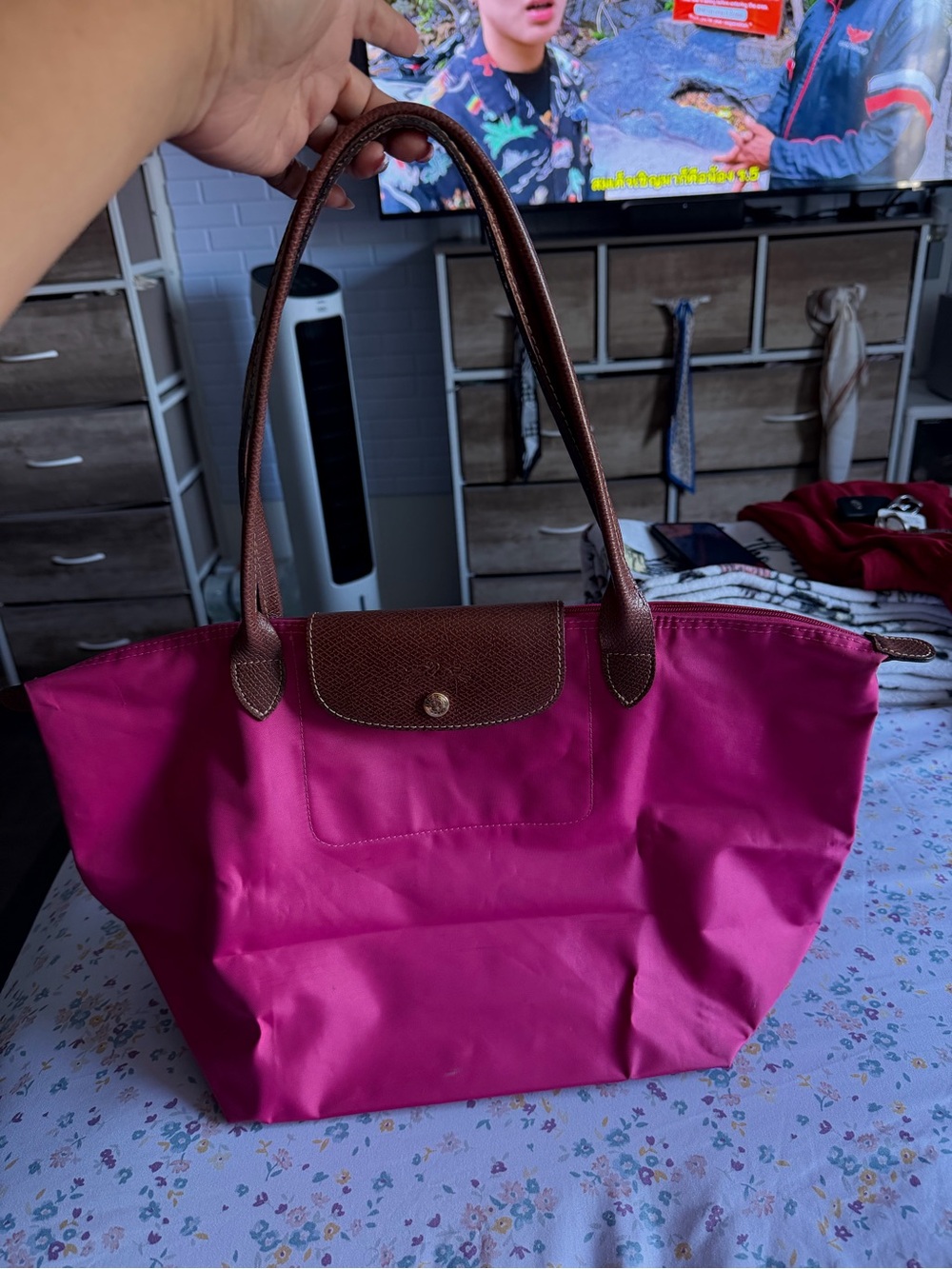 Longchamp Pink Tote with Brown Trim